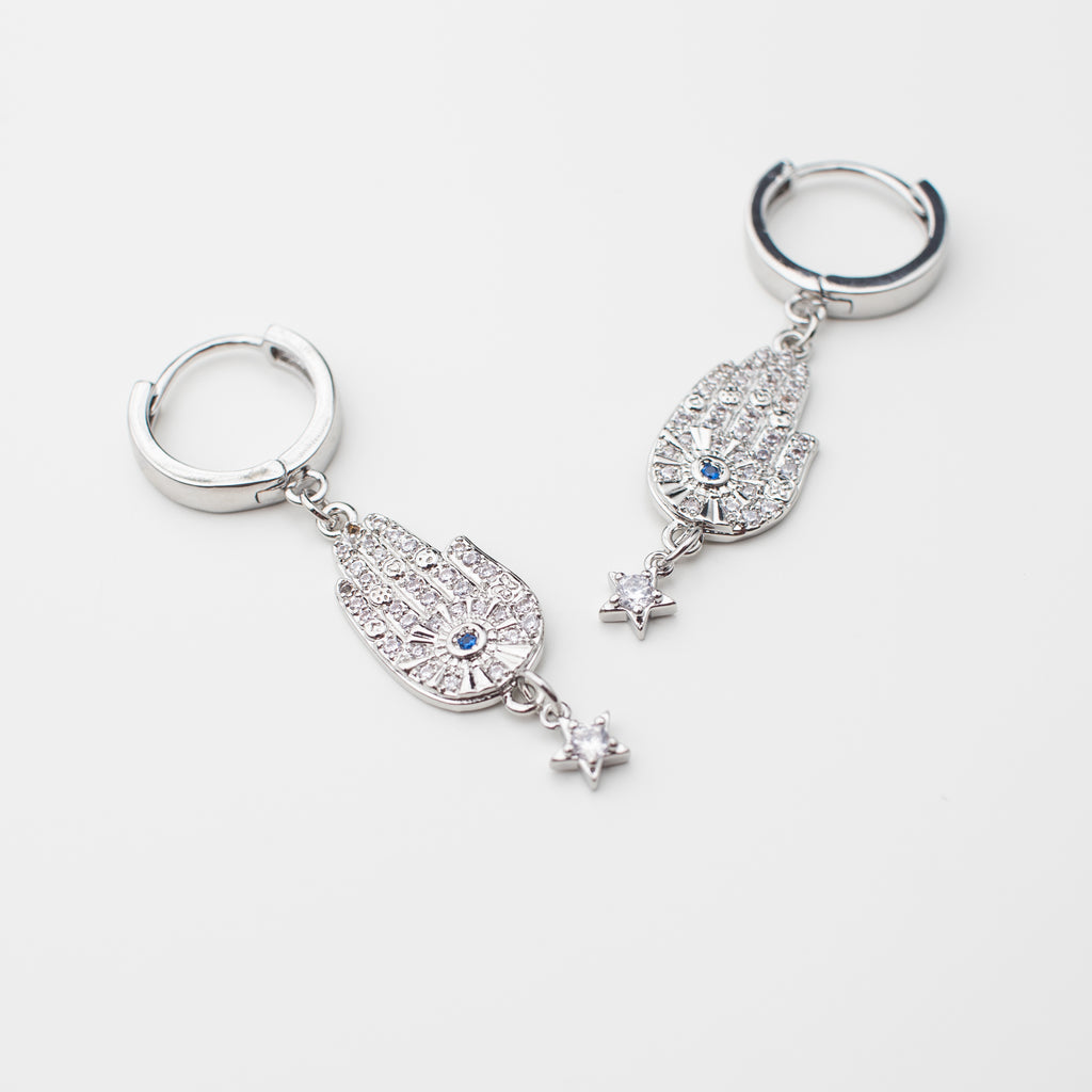 Silver sparkly hamsa hand and star earrings  