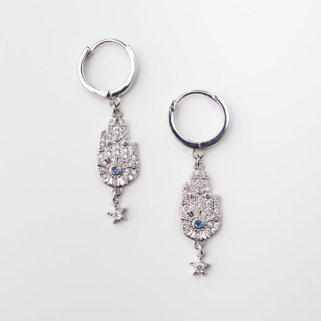 Silver sparkly hamsa hand and star earrings  