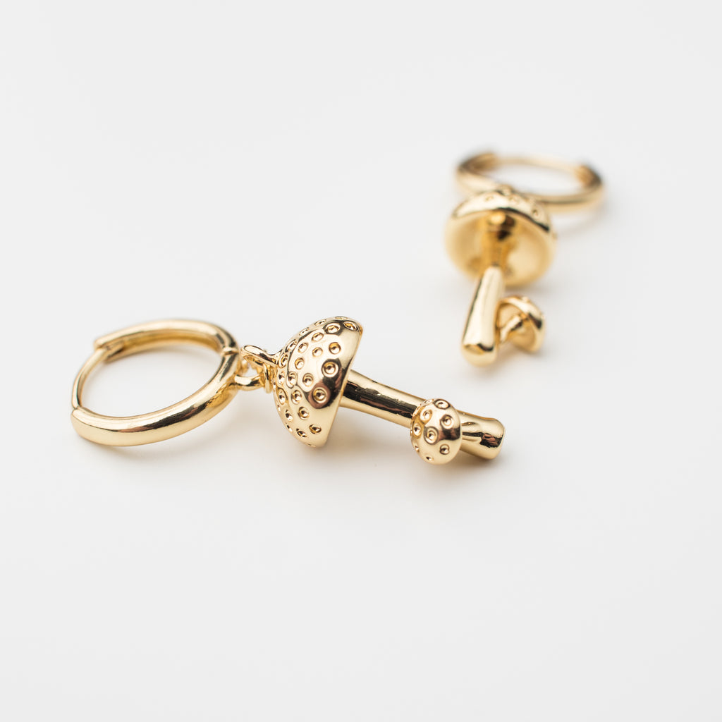 gold filled mushroom earrings on a mini hoop