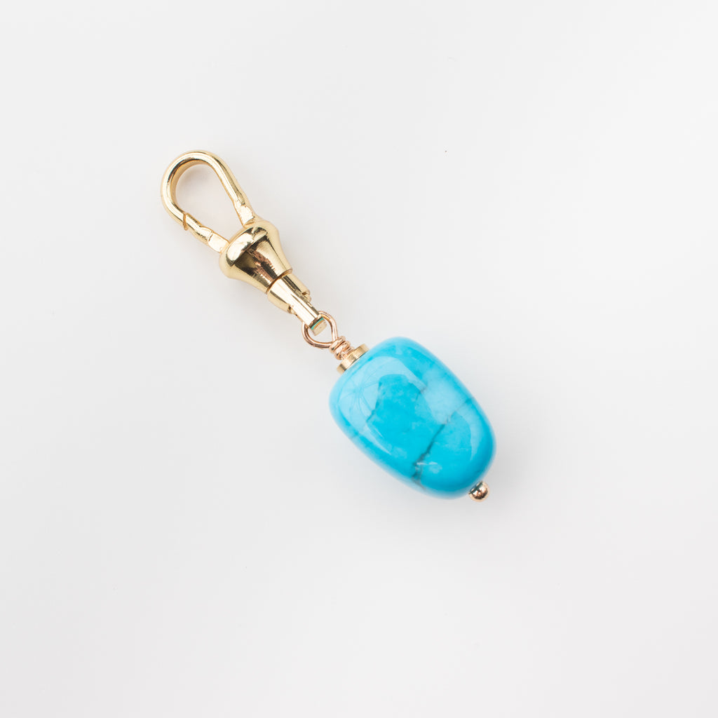 Turquoise dyed howlite gemstone charm on a gold latch for a dog leash, dog collar, handbag, change purse, on the go lululemon bag and key chain. 