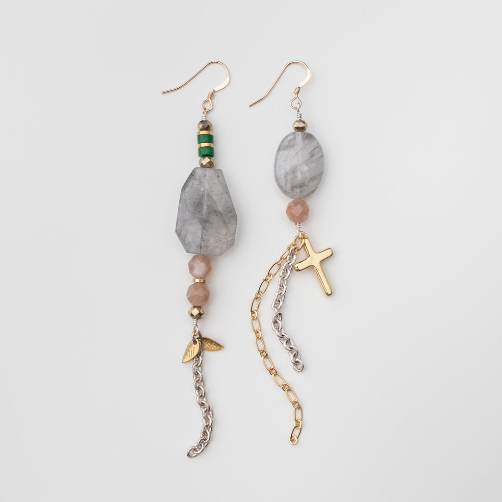 Gold Earrings with Cross, Sandstone, Green Magnesite and Grey Quartz Gemstone in Mismatch Style
