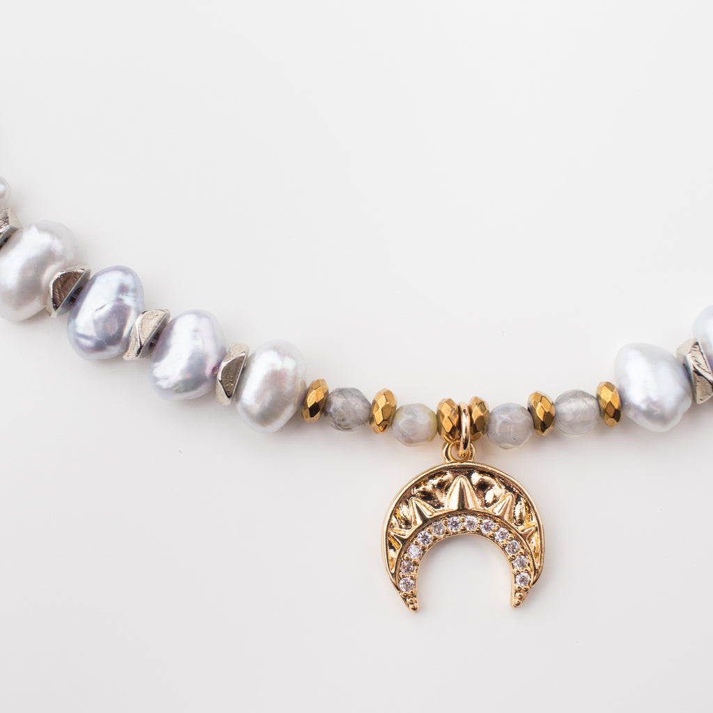 Gold Moon Pendant Necklace with Light Grey Pearl and Hematite Gemstone in Short Style