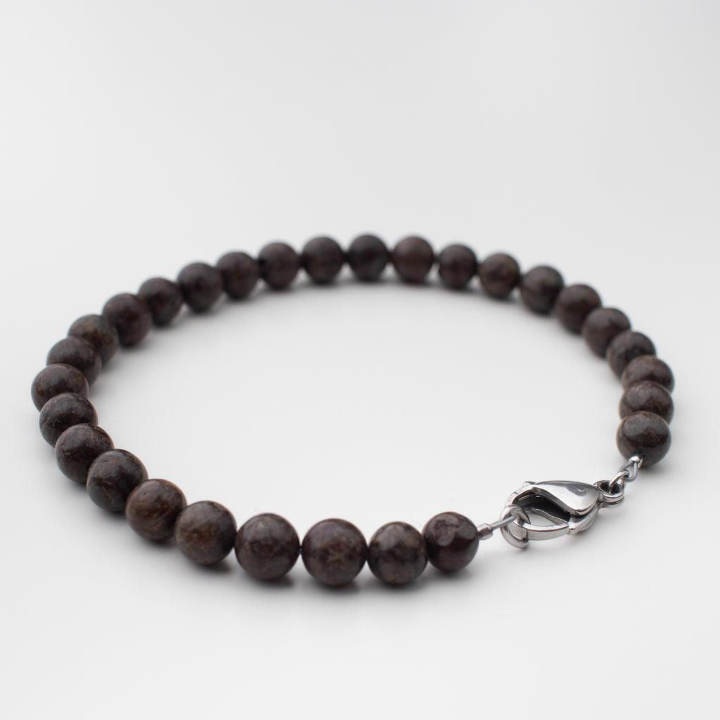 Talisman mens bracelet in the gemstone snowflake obsidian, a cool taupe brown colour  with a stainless steel latch.