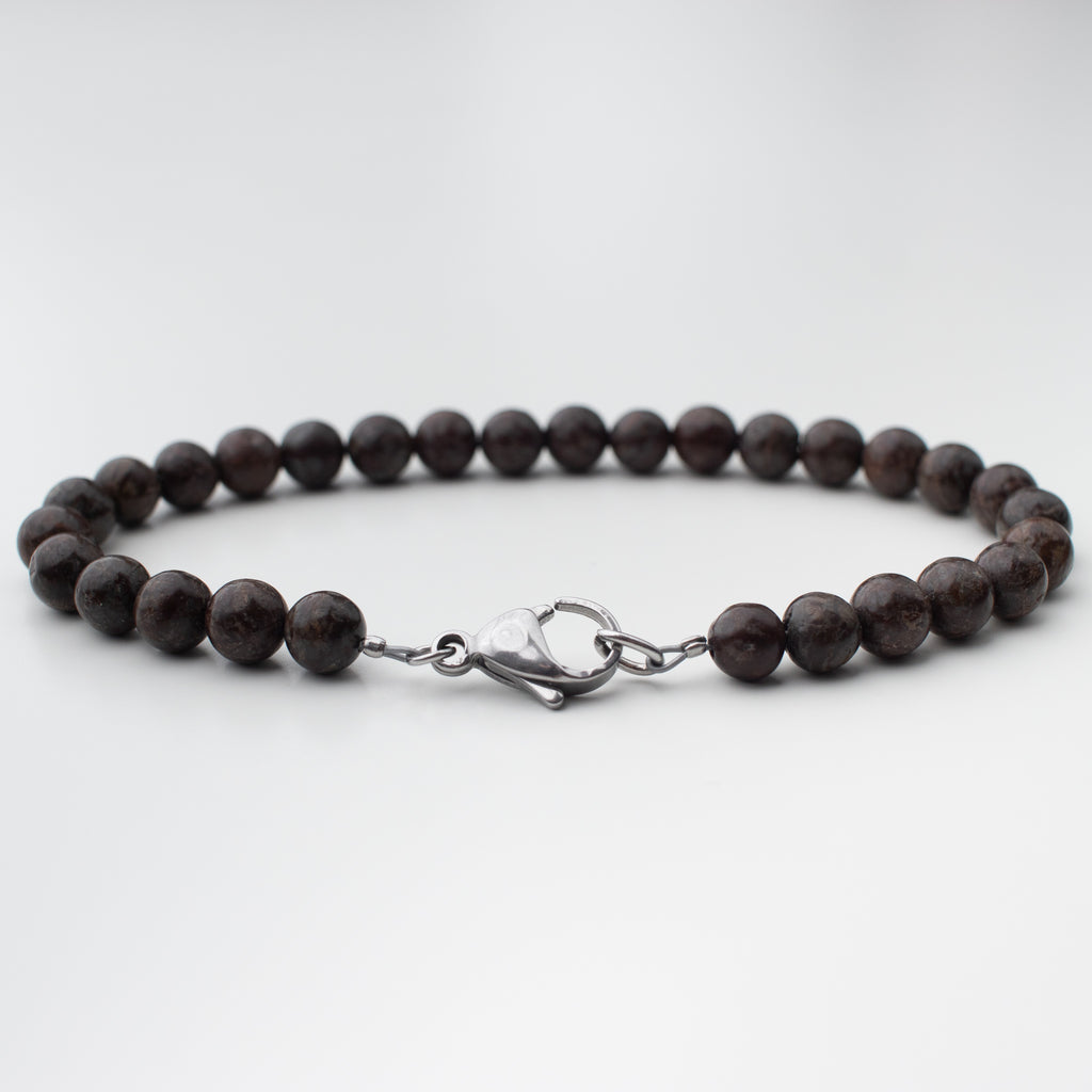 Talisman mens bracelet in the gemstone snowflake obsidian, a cool taupe brown colour  with a stainless steel latch.