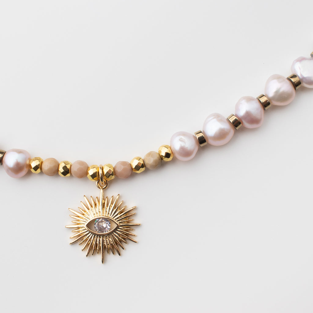 Gold sun Pendant Necklace with Light blush freshwater Pearl and Hematite Gemstone in Short Style