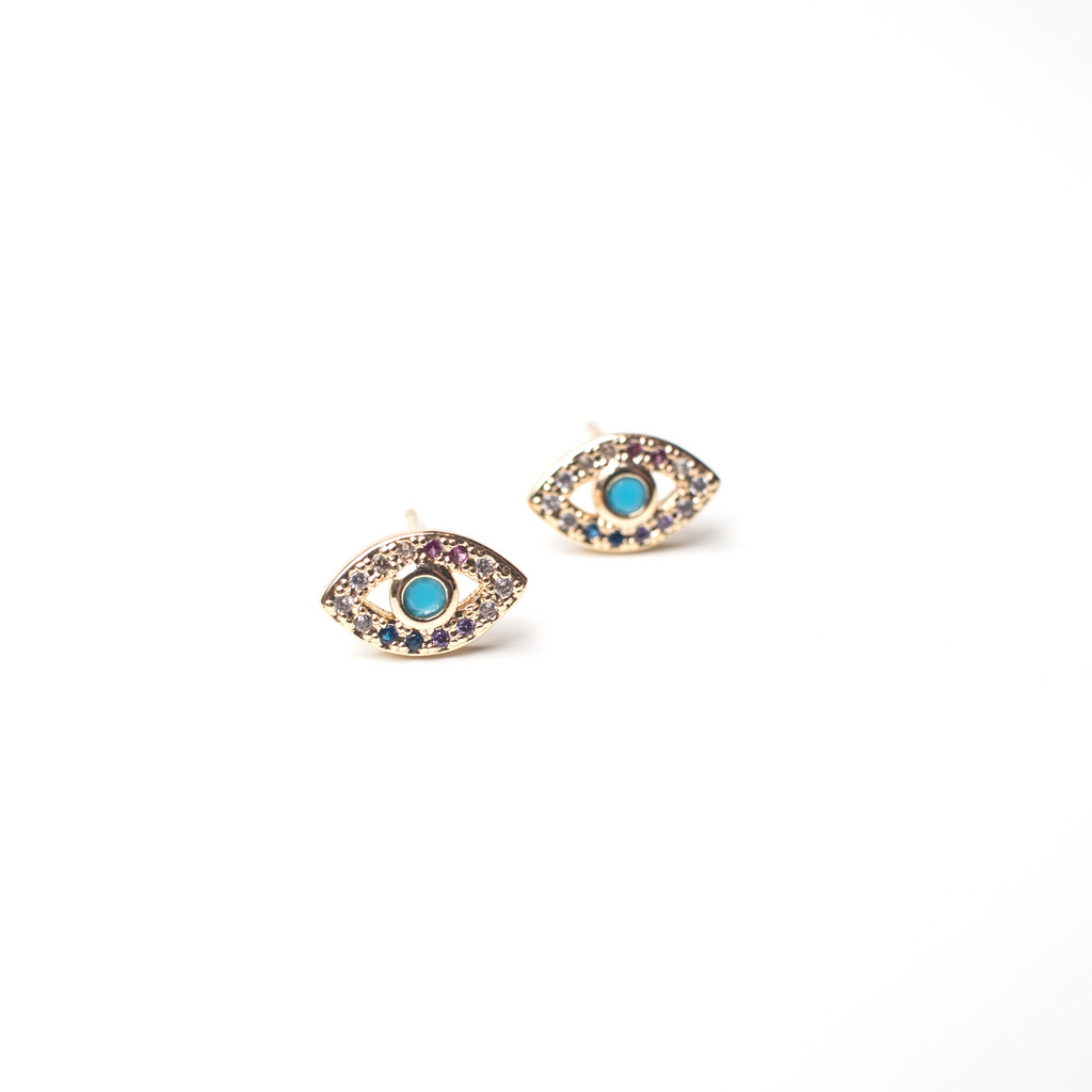 gold eye stud earring with blue and multi colour zirconia  