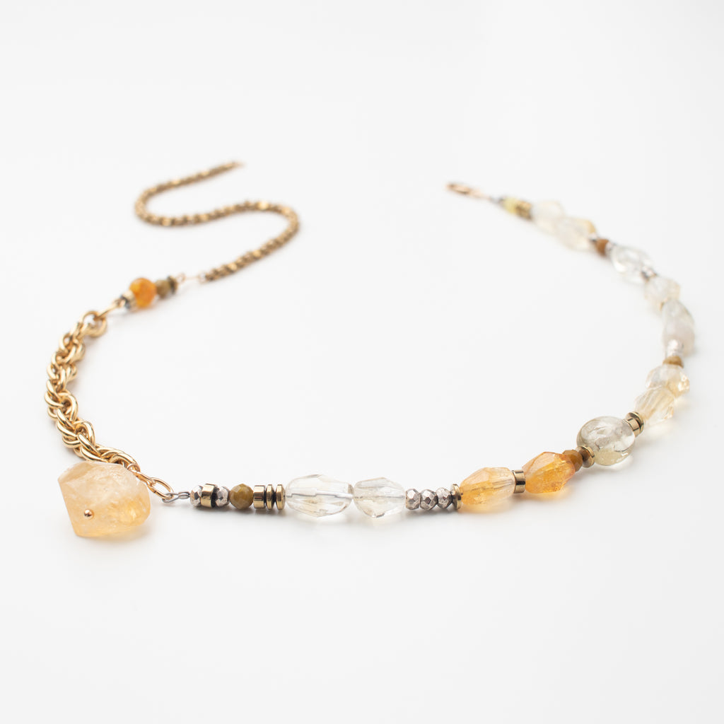Citrine gold necklace with upcycled vintage Monet chain, faceted  citrine, beautiful faceted pyrite, bespoke handmade jewellery.  