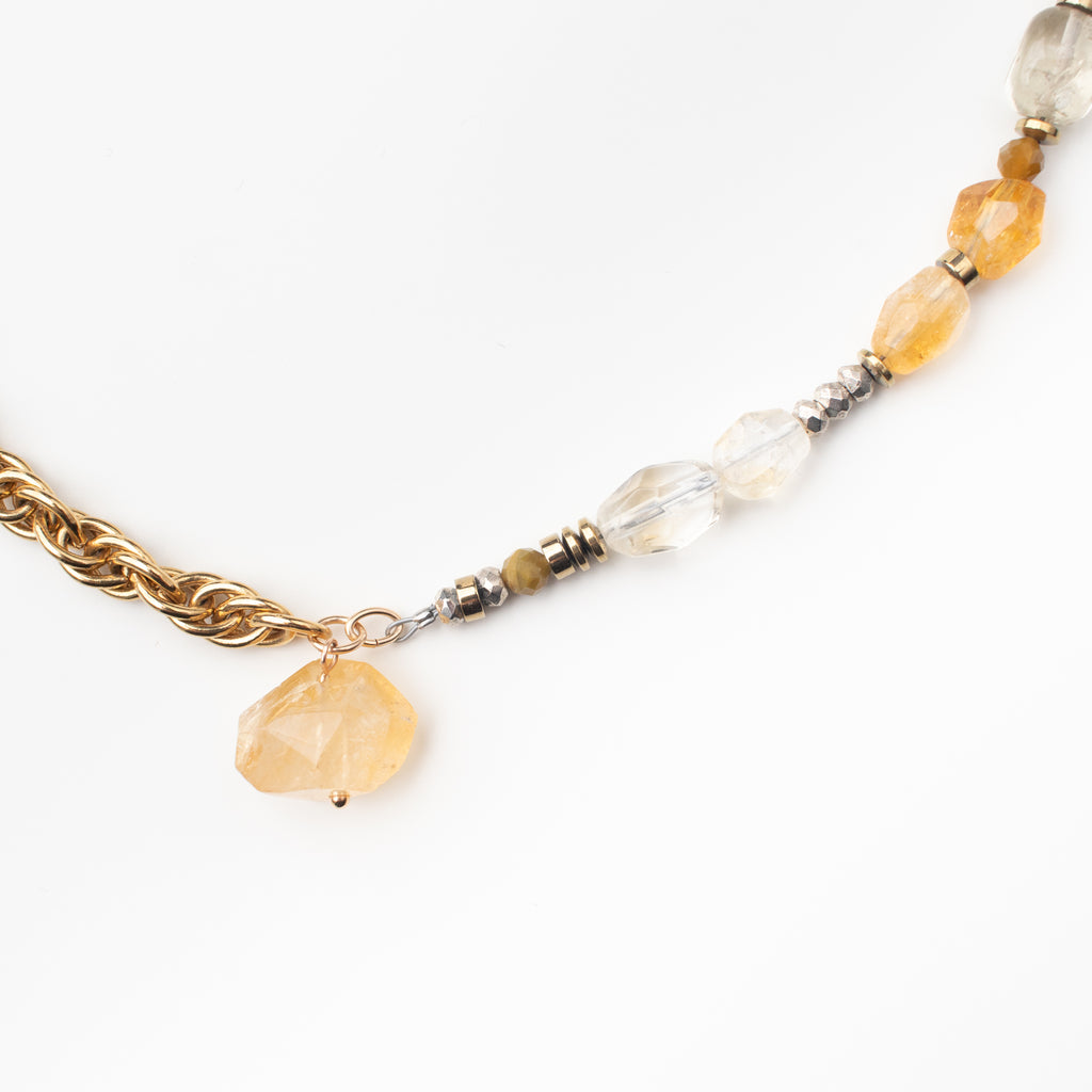 Citrine gold necklace with upcycled vintage Monet chain, faceted  citrine, beautiful faceted pyrite, bespoke handmade jewellery.  